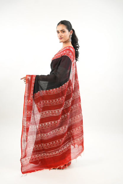 Charcoal Black & Crimson Red Linen Cotton Saree