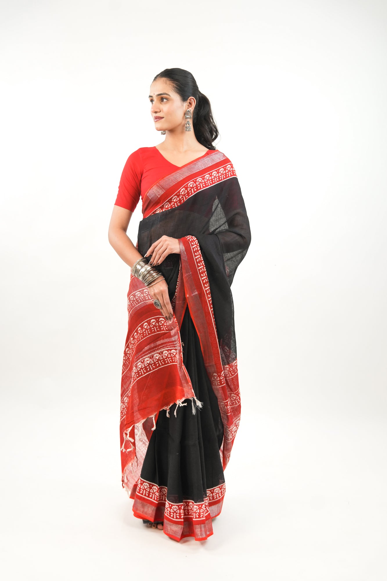 Charcoal Black & Crimson Red Linen Cotton Saree