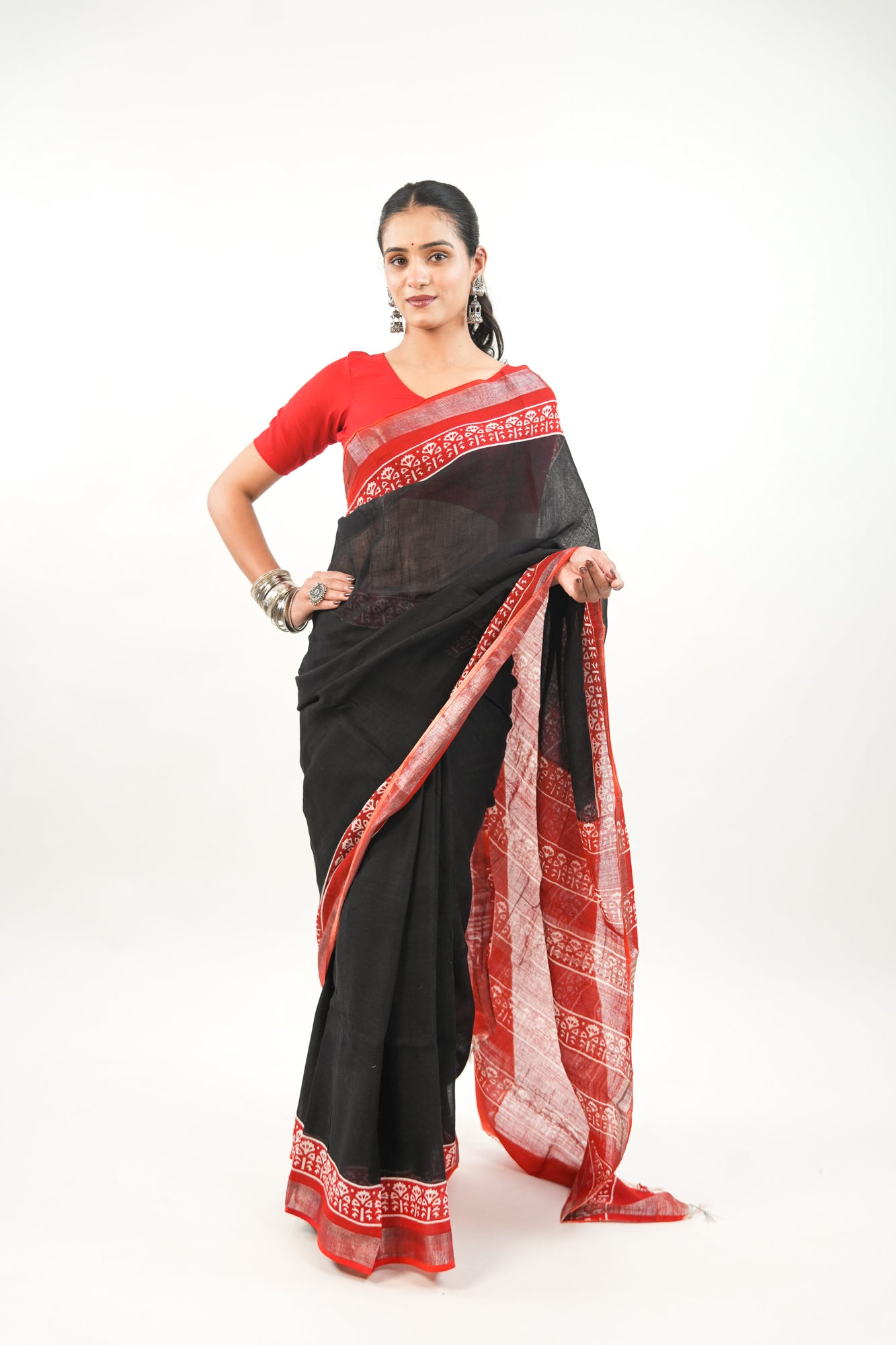 Charcoal Black & Crimson Red Linen Cotton Saree