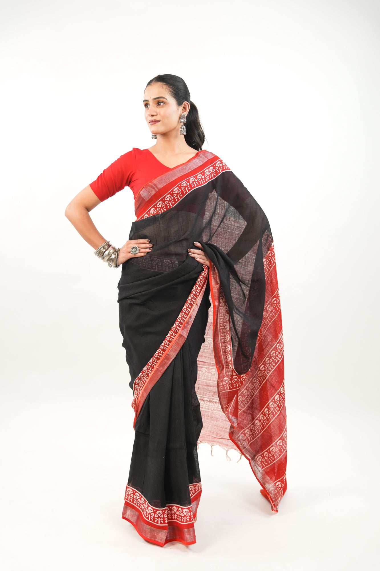 Charcoal Black & Crimson Red Linen Cotton Saree