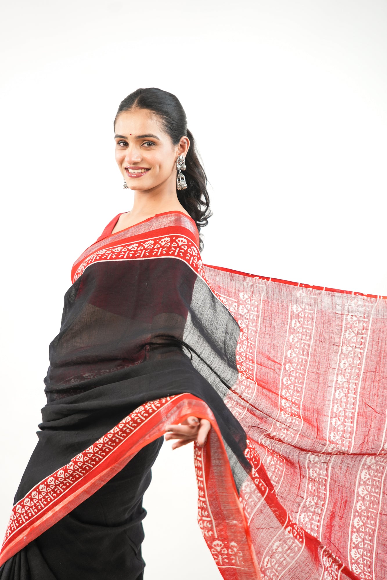 Charcoal Black & Crimson Red Linen Cotton Saree