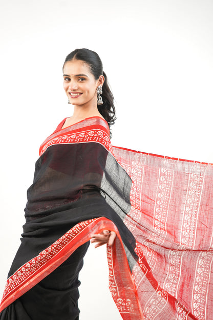 Charcoal Black & Crimson Red Linen Cotton Saree