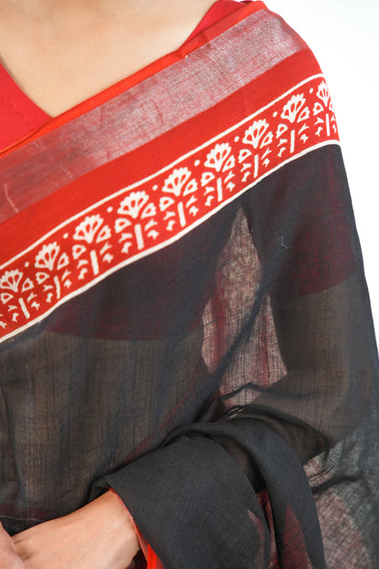 Charcoal Black & Crimson Red Linen Cotton Saree