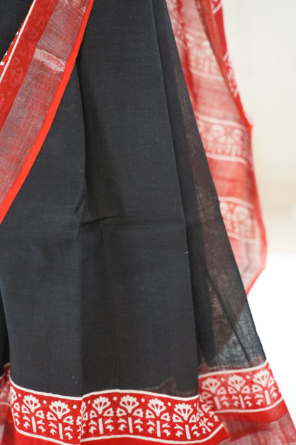 Charcoal Black & Crimson Red Linen Cotton Saree
