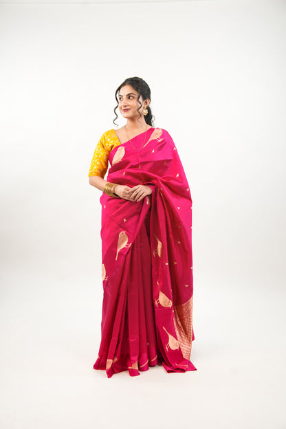Hot Pink Banarasi Silk Saree with Gold Sparrow Motifs