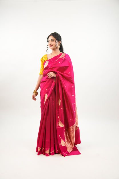 Hot Pink Banarasi Silk Saree with Gold Sparrow Motifs
