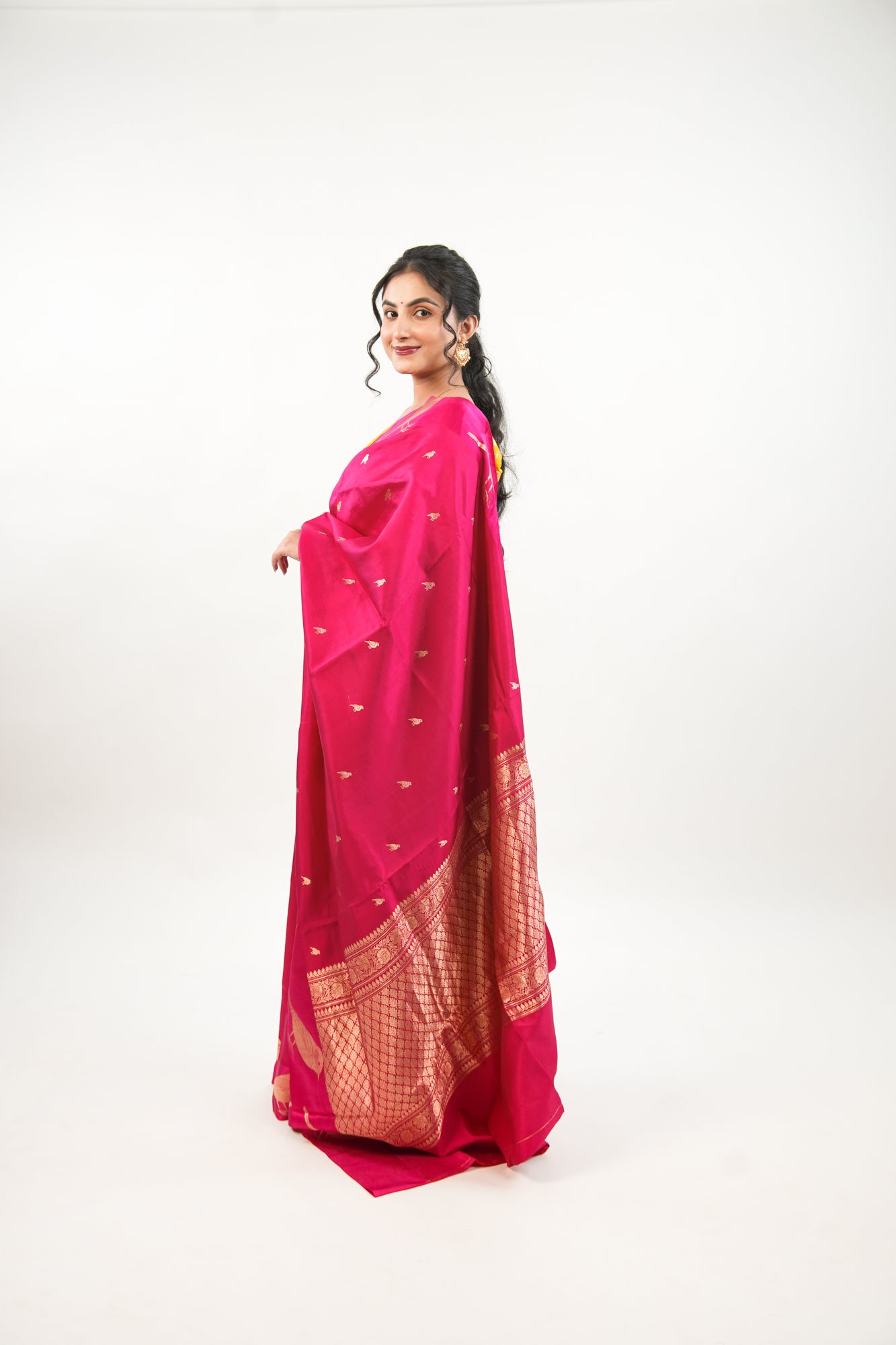 Hot Pink Banarasi Silk Saree with Gold Sparrow Motifs