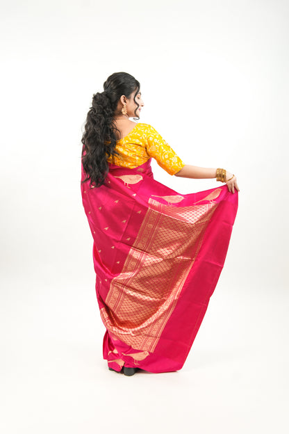 Hot Pink Banarasi Silk Saree with Gold Sparrow Motifs