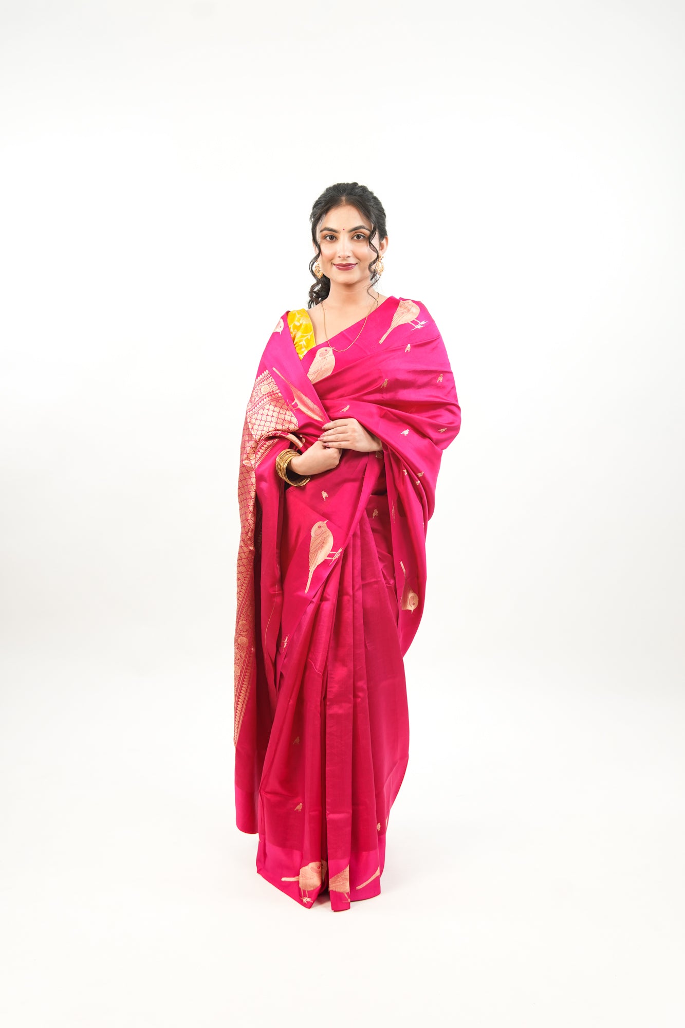 Hot Pink Banarasi Silk Saree with Gold Sparrow Motifs