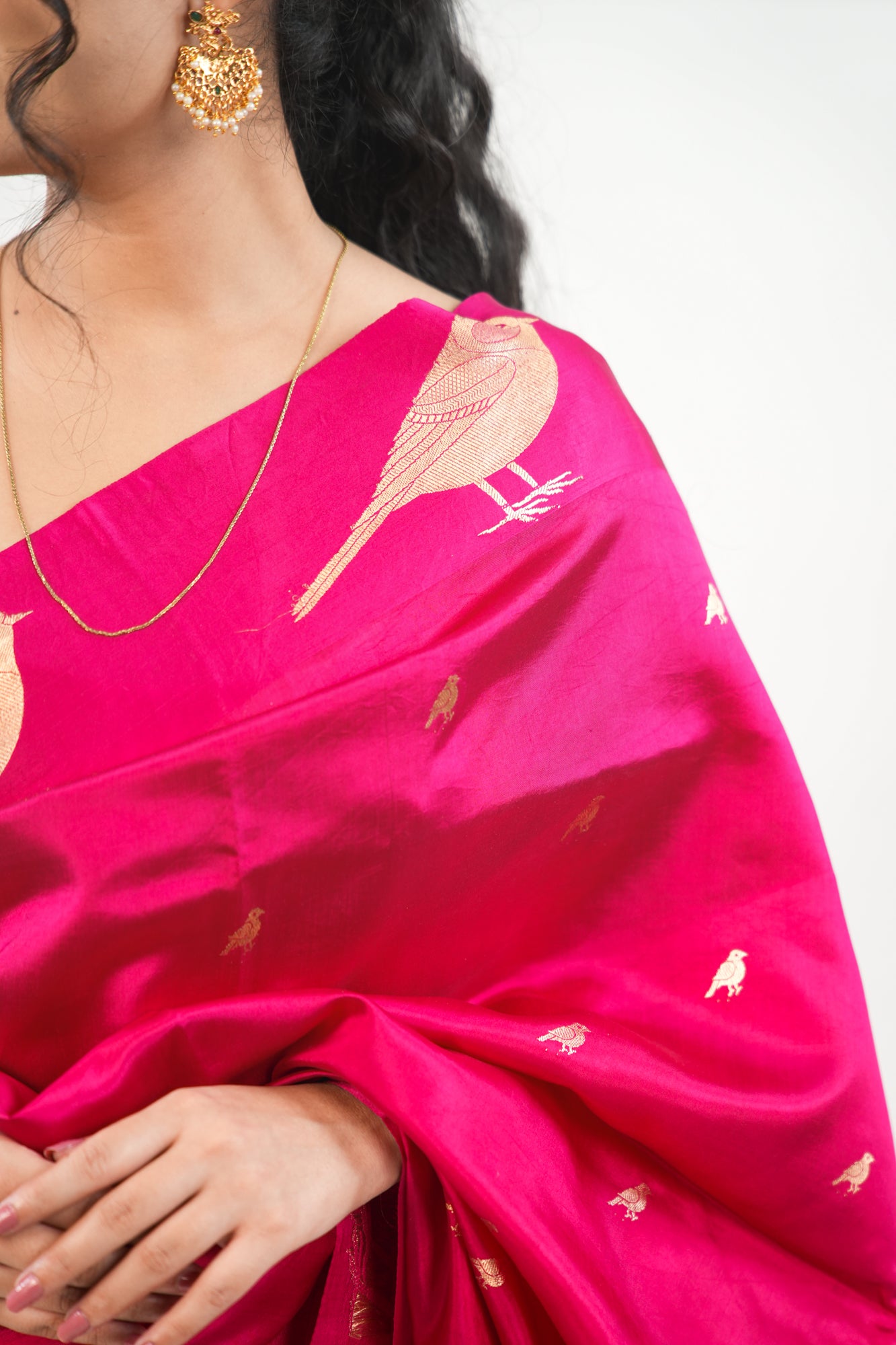 Hot Pink Banarasi Silk Saree with Gold Sparrow Motifs