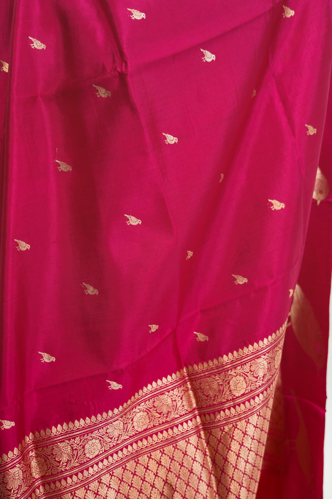 Hot Pink Banarasi Silk Saree with Gold Sparrow Motifs