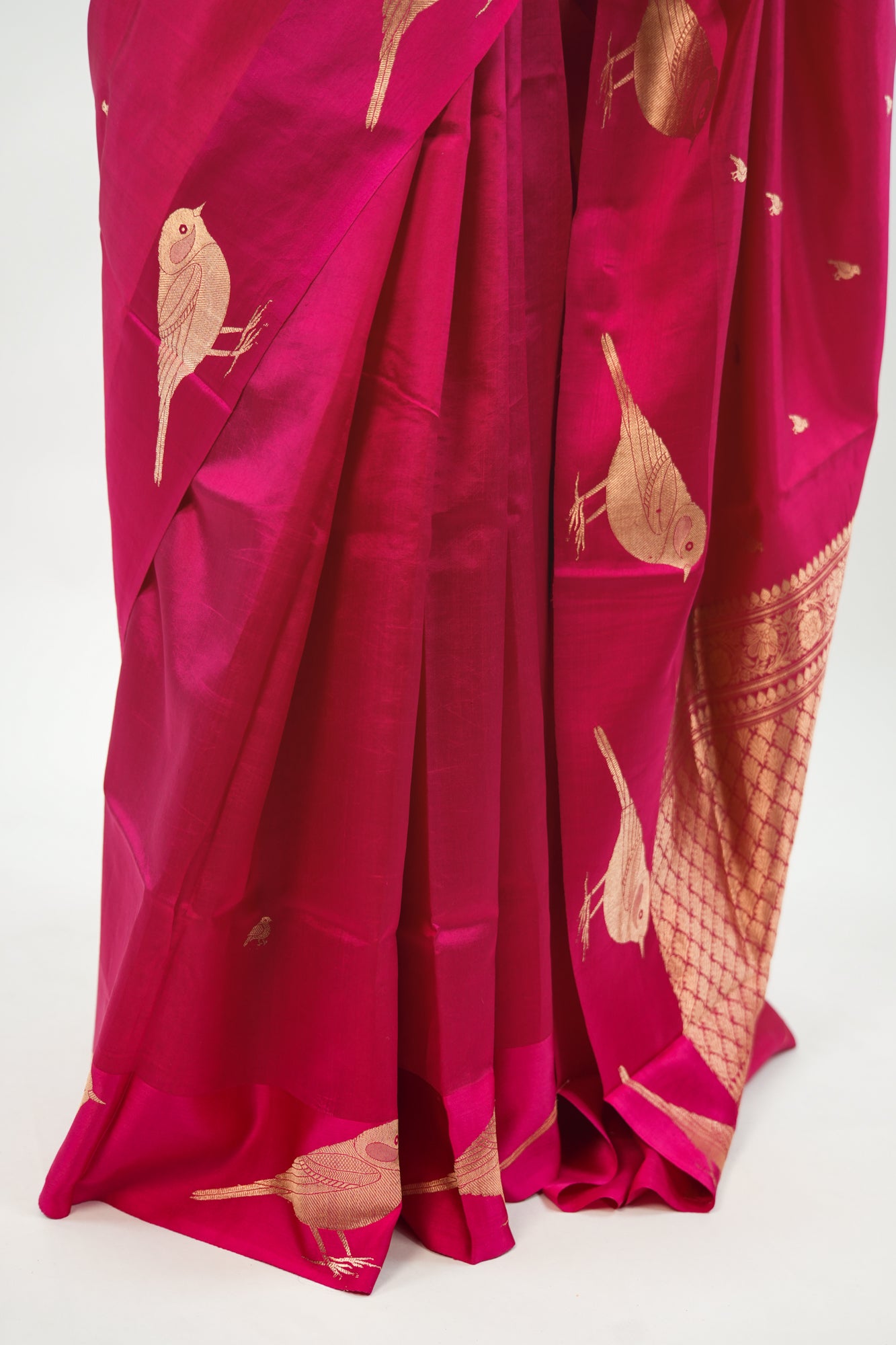 Hot Pink Banarasi Silk Saree with Gold Sparrow Motifs
