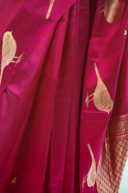 Hot Pink Banarasi Silk Saree with Gold Sparrow Motifs
