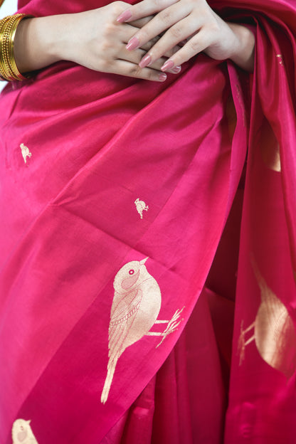 Hot Pink Banarasi Silk Saree with Gold Sparrow Motifs