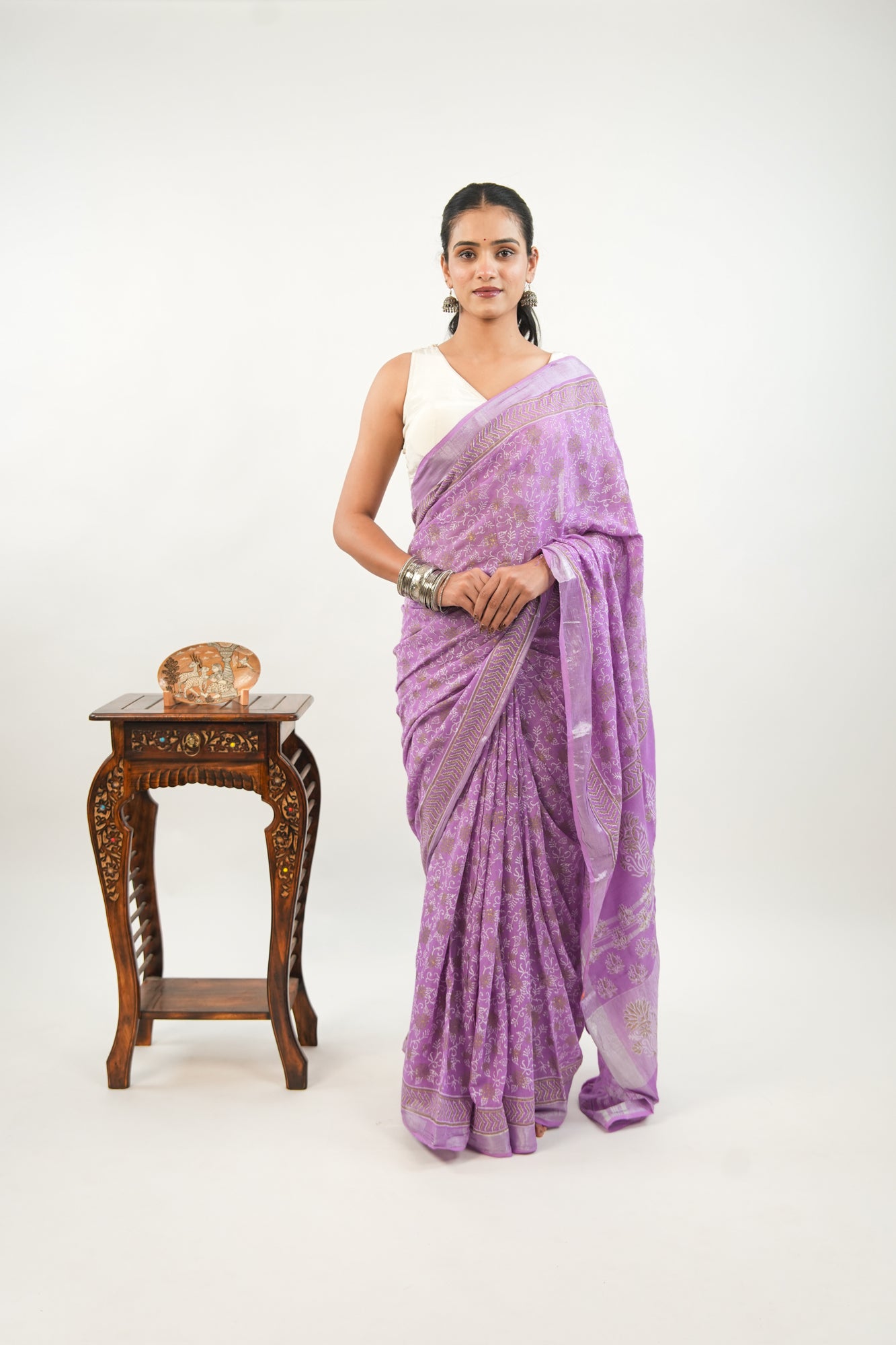 Lavender Linen Cotton Saree with Paisley Vines & Gold Ochre Border