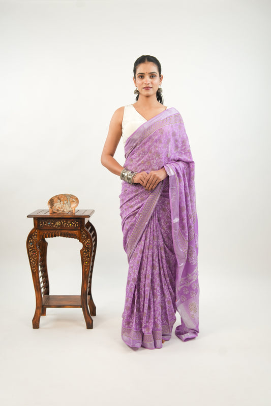 Lavender Linen Cotton Saree with Paisley Vines & Gold Ochre Border