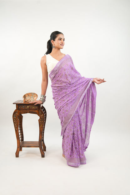 Lavender Linen Cotton Saree with Paisley Vines & Gold Ochre Border