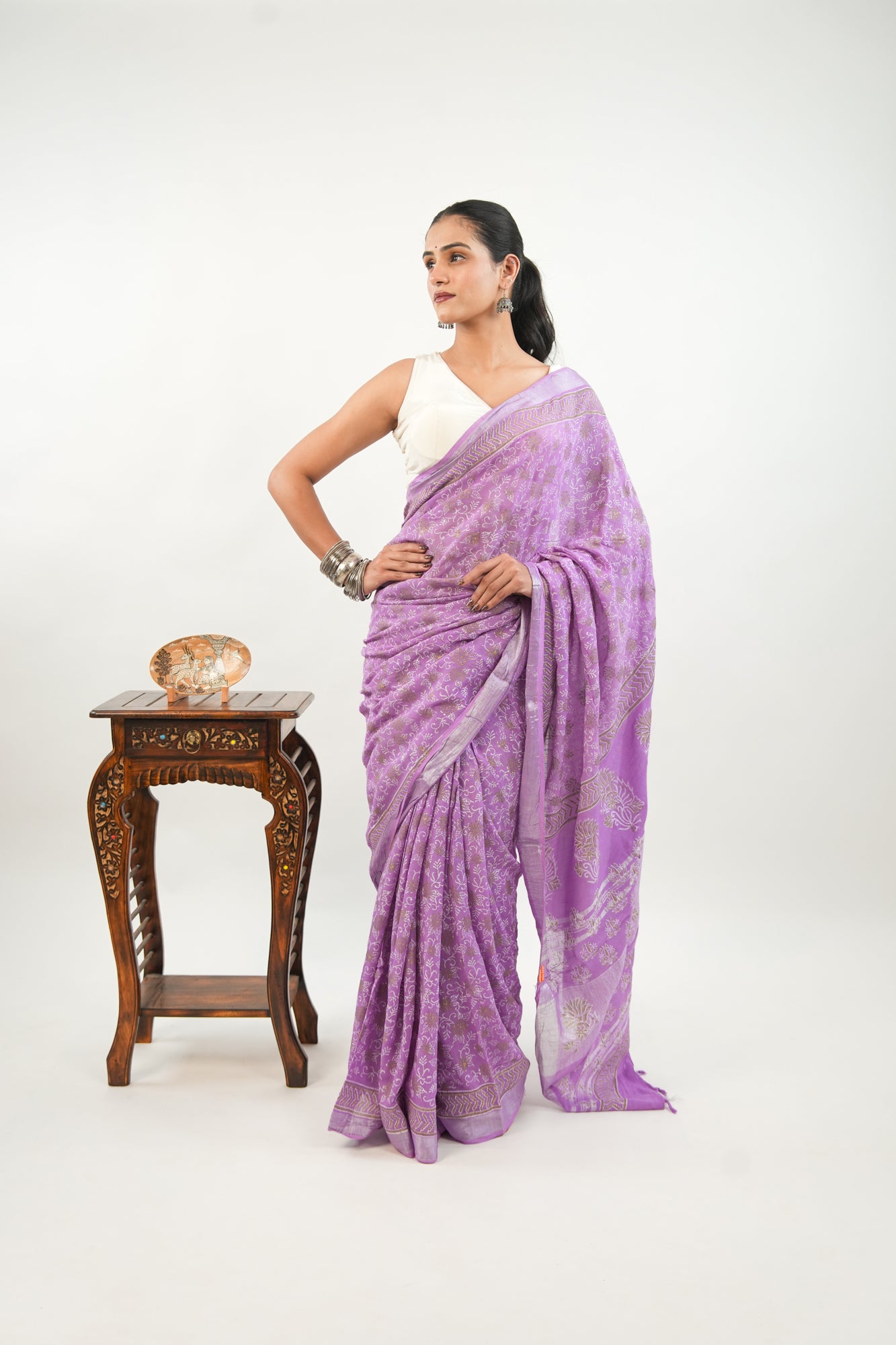 Lavender Linen Cotton Saree with Paisley Vines & Gold Ochre Border