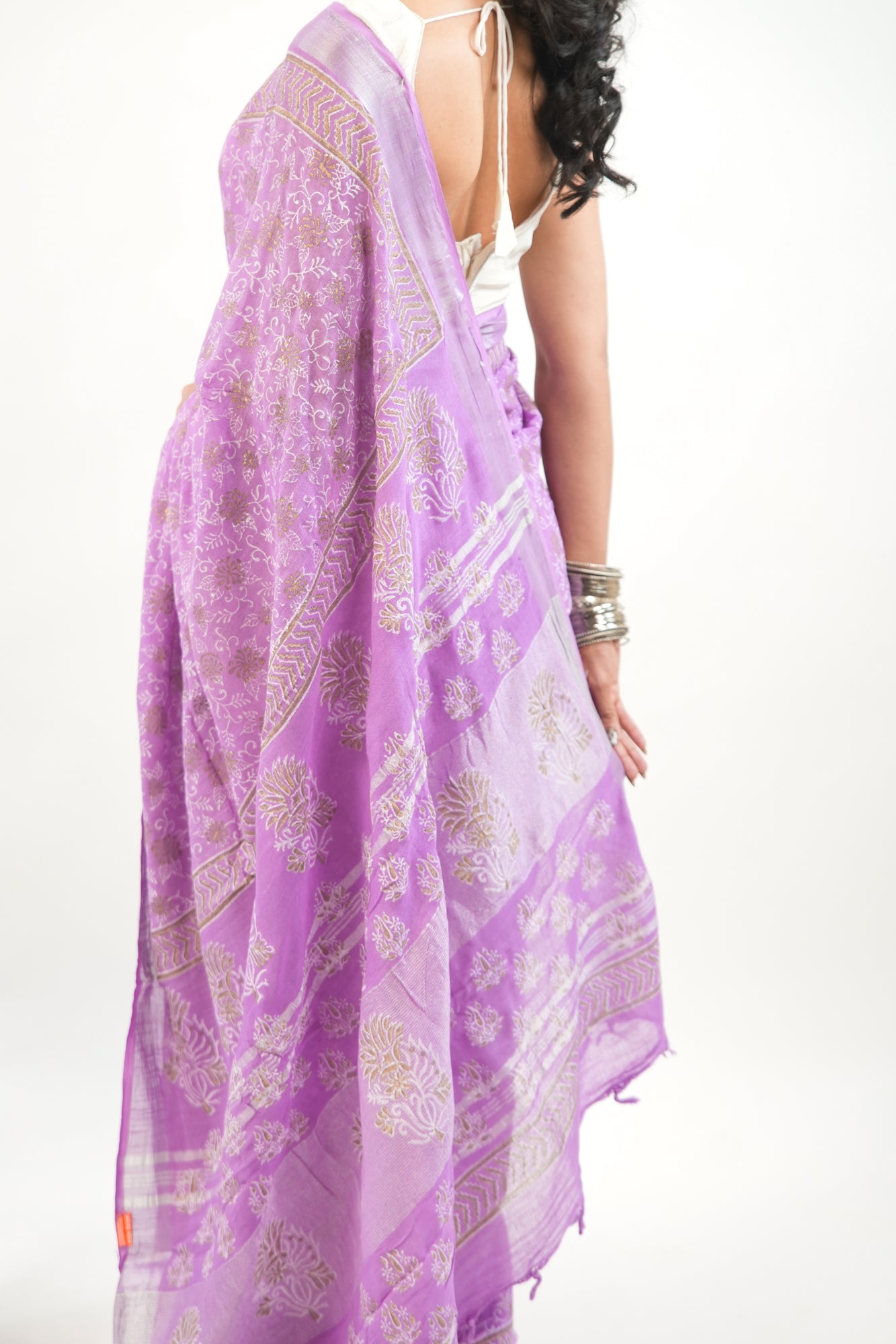 Lavender Linen Cotton Saree with Paisley Vines & Gold Ochre Border