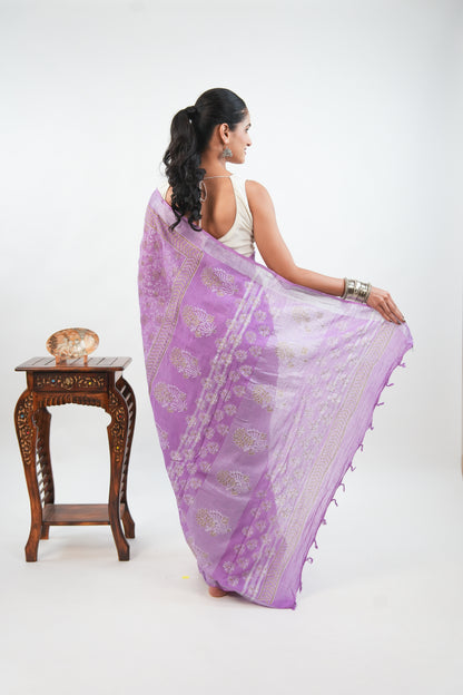 Lavender Linen Cotton Saree with Paisley Vines & Gold Ochre Border