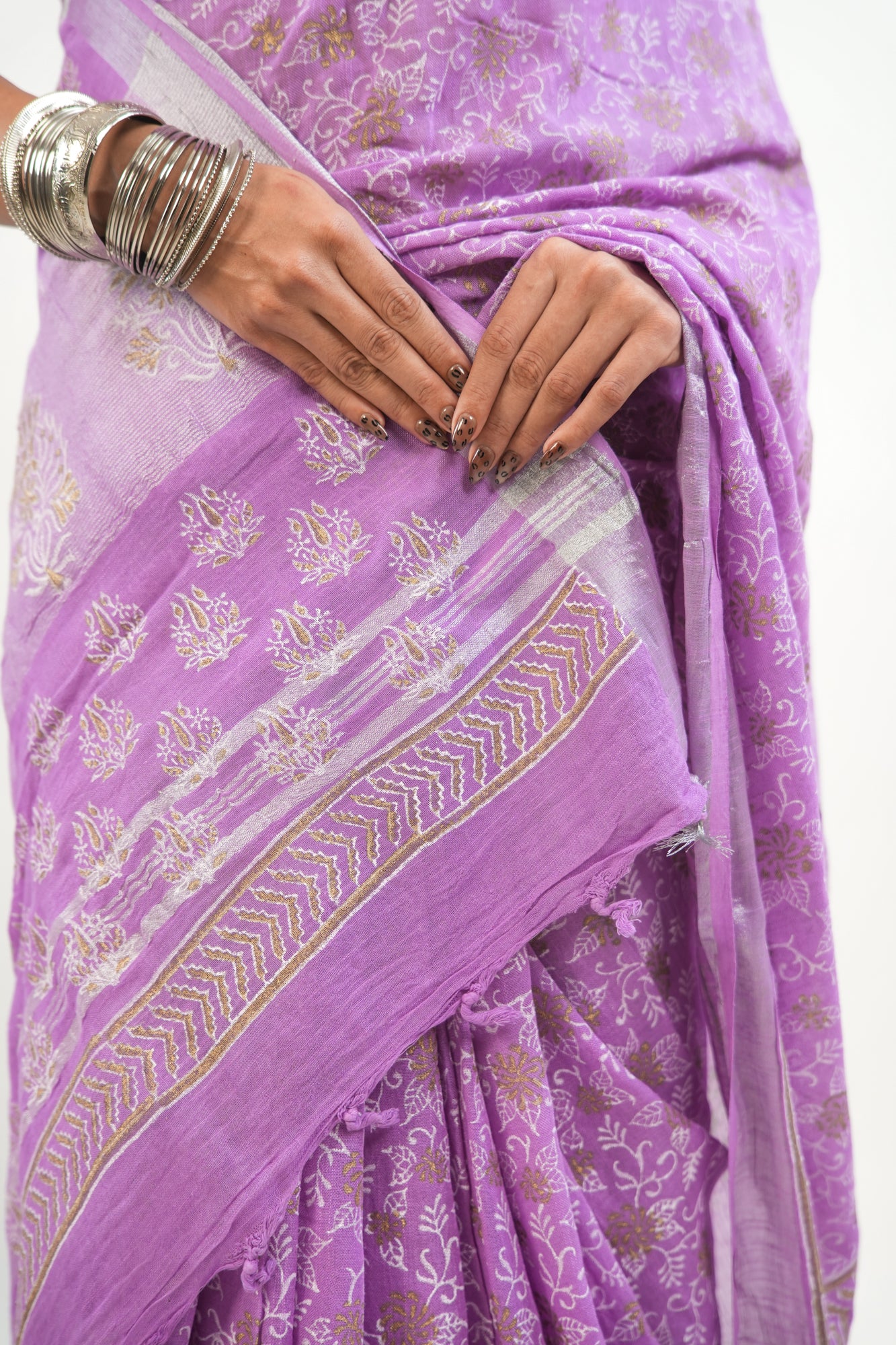 Lavender Linen Cotton Saree with Paisley Vines & Gold Ochre Border