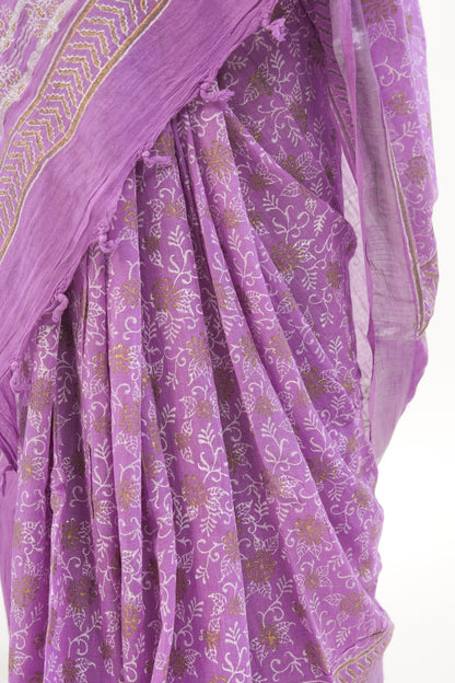 Lavender Linen Cotton Saree with Paisley Vines & Gold Ochre Border