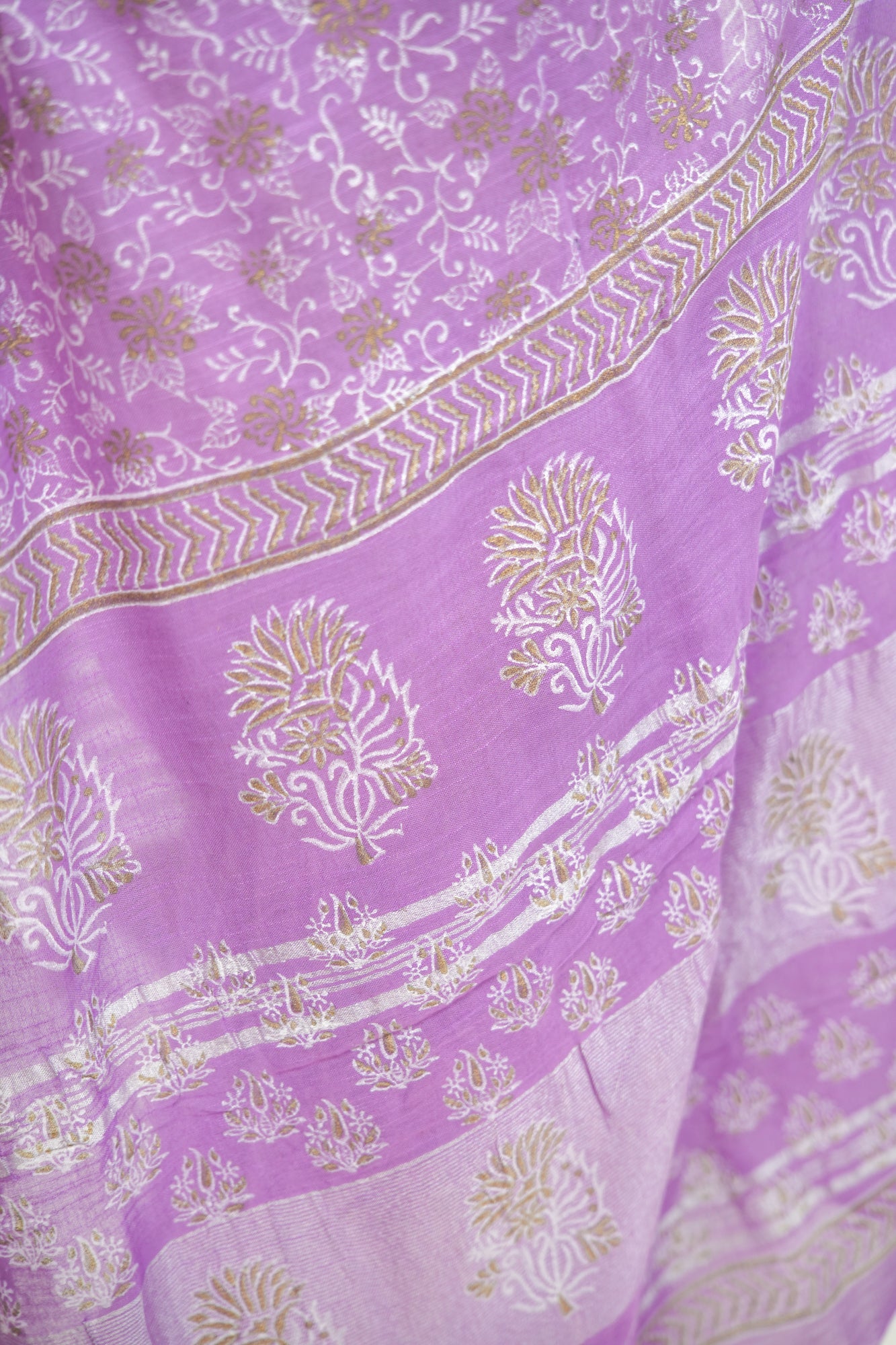 Lavender Linen Cotton Saree with Paisley Vines & Gold Ochre Border