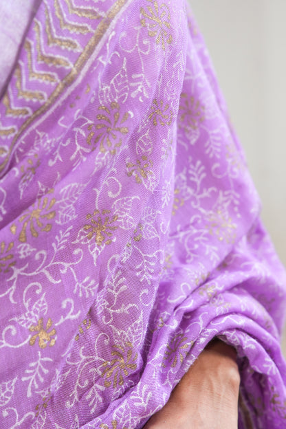 Lavender Linen Cotton Saree with Paisley Vines & Gold Ochre Border