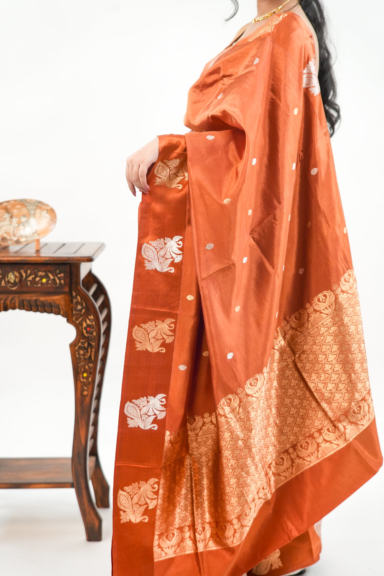 Rust Copper Banarasi Silk Saree with Paisley Kalka Border