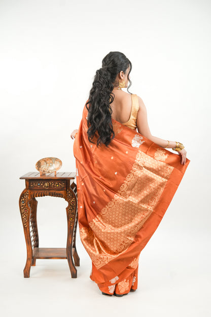 Rust Copper Banarasi Silk Saree with Paisley Kalka Border
