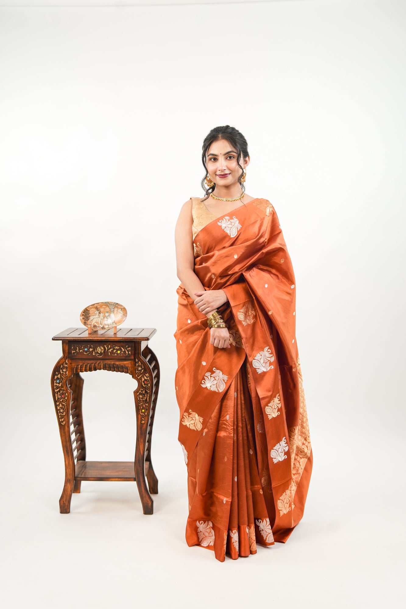 Rust Copper Banarasi Silk Saree with Paisley Kalka Border