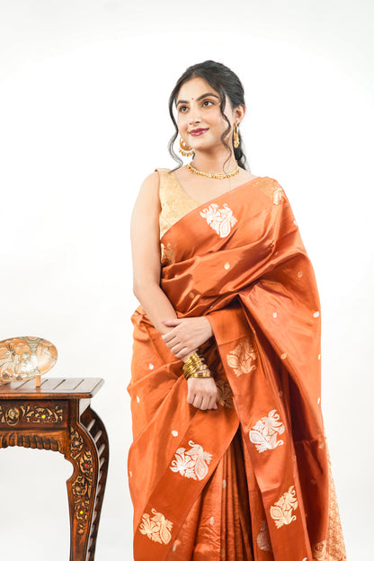 Rust Copper Banarasi Silk Saree with Paisley Kalka Border
