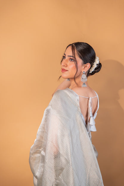 Handwoven Pure Tissue Silk Saree with Zari Stripes - Atulyakarigari