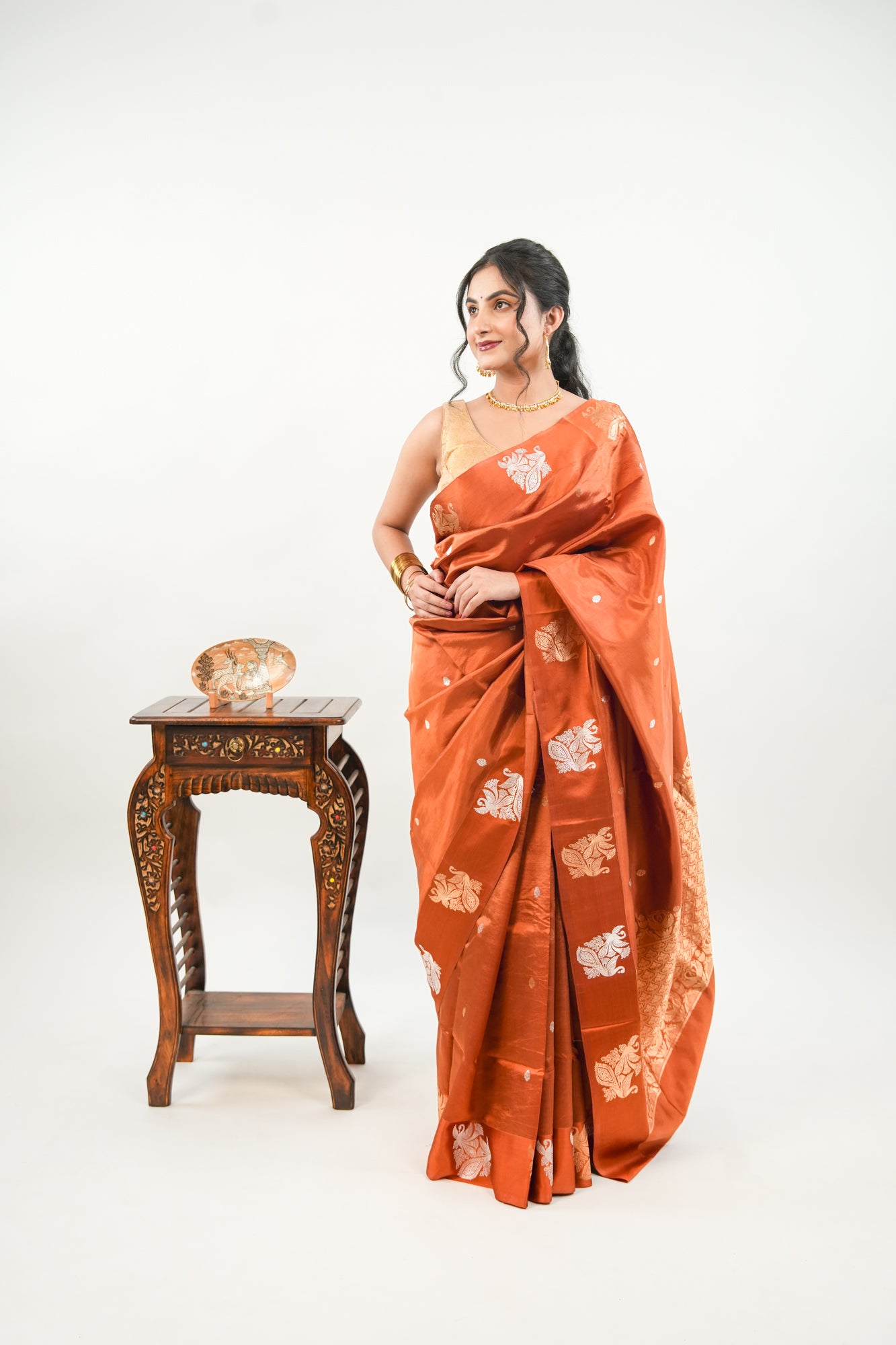 Rust Copper Banarasi Silk Saree with Paisley Kalka Border