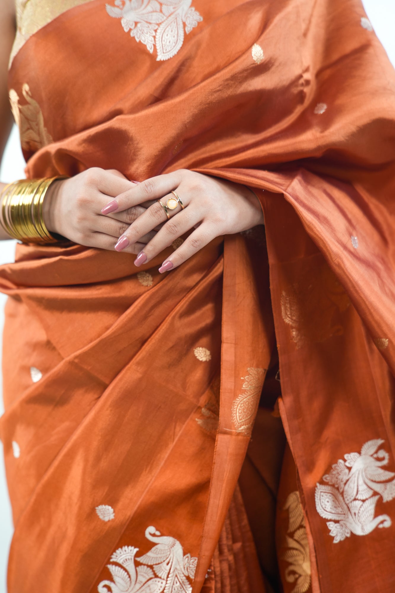 Rust Copper Banarasi Silk Saree with Paisley Kalka Border