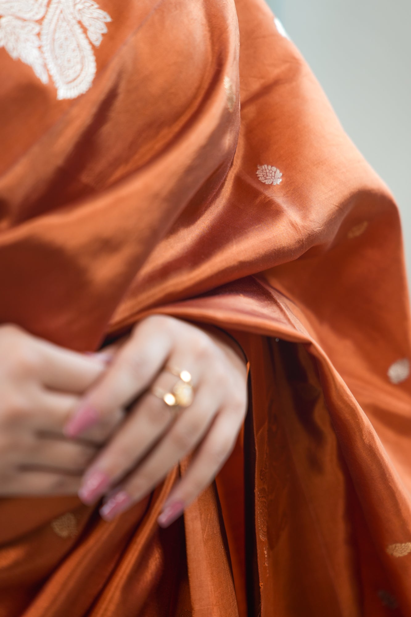 Rust Copper Banarasi Silk Saree with Paisley Kalka Border