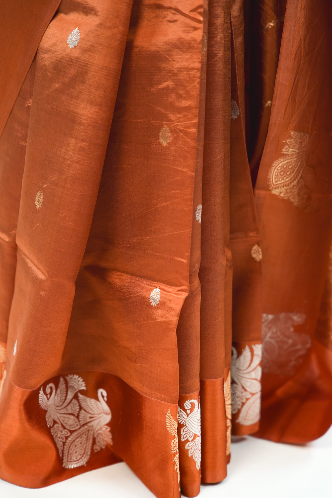 Rust Copper Banarasi Silk Saree with Paisley Kalka Border