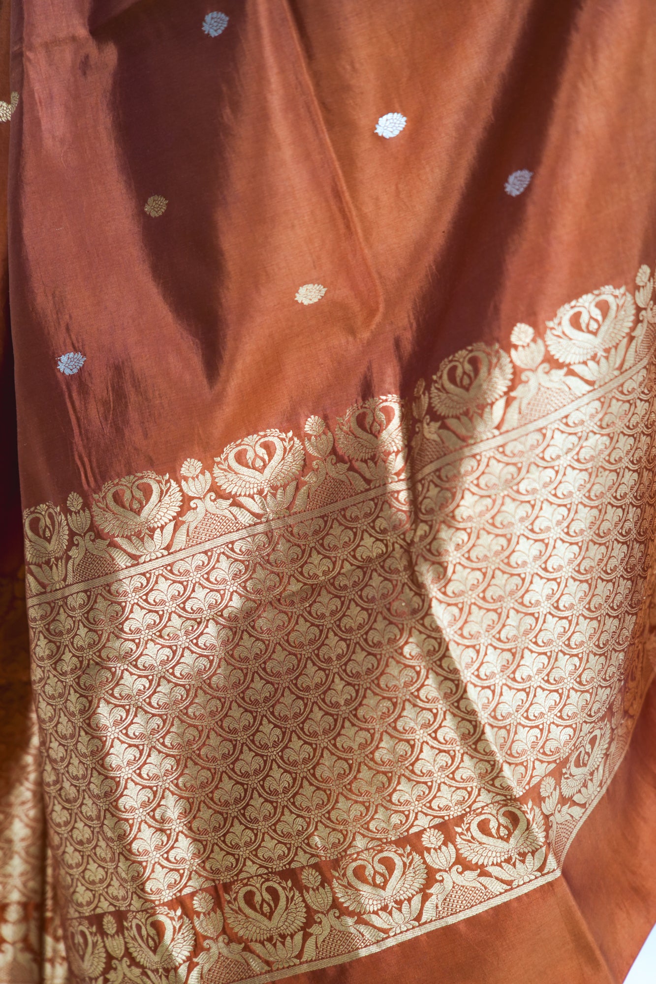 Rust Copper Banarasi Silk Saree with Paisley Kalka Border