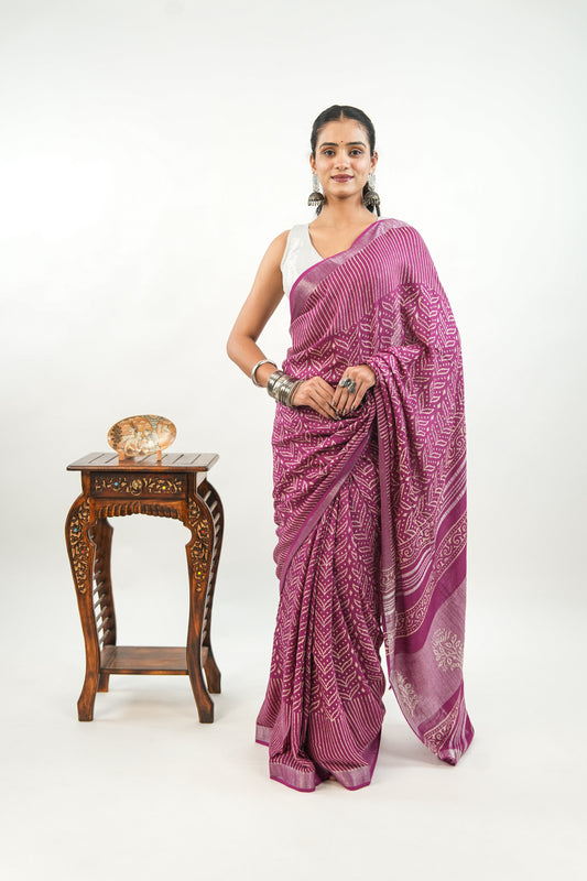 Deep Fuchsia Linen Cotton Saree with Leaf Crown Motif