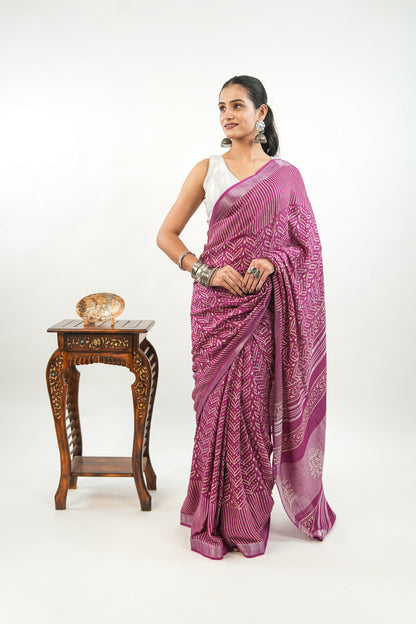 Deep Fuchsia Linen Cotton Saree with Leaf Crown Motif