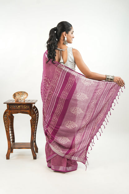 Deep Fuchsia Linen Cotton Saree with Leaf Crown Motif