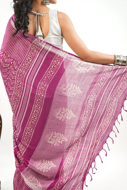 Deep Fuchsia Linen Cotton Saree with Leaf Crown Motif