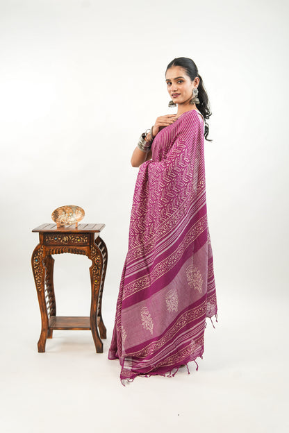 Deep Fuchsia Linen Cotton Saree with Leaf Crown Motif