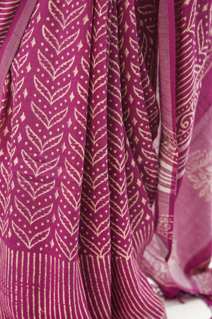 Deep Fuchsia Linen Cotton Saree with Leaf Crown Motif