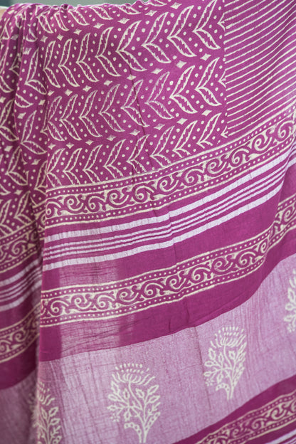 Deep Fuchsia Linen Cotton Saree with Leaf Crown Motif