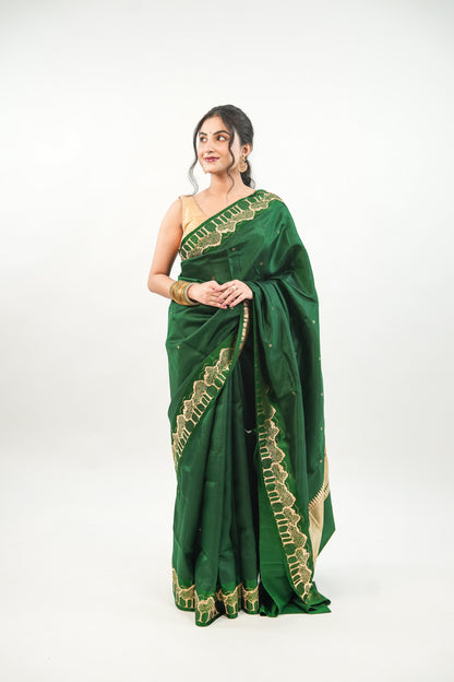 Bottle Green Banarasi Silk Saree with Gold Zari Forest Border