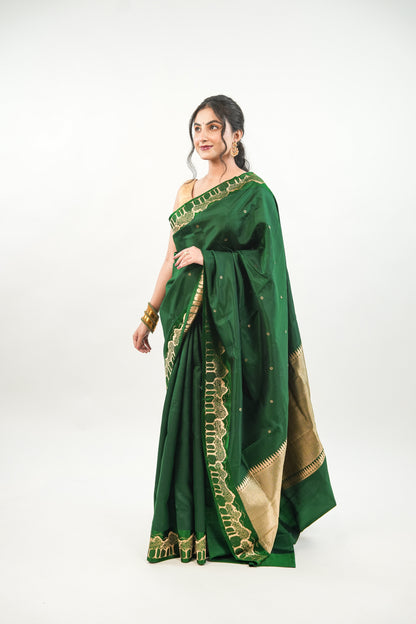 Bottle Green Banarasi Silk Saree with Gold Zari Forest Border