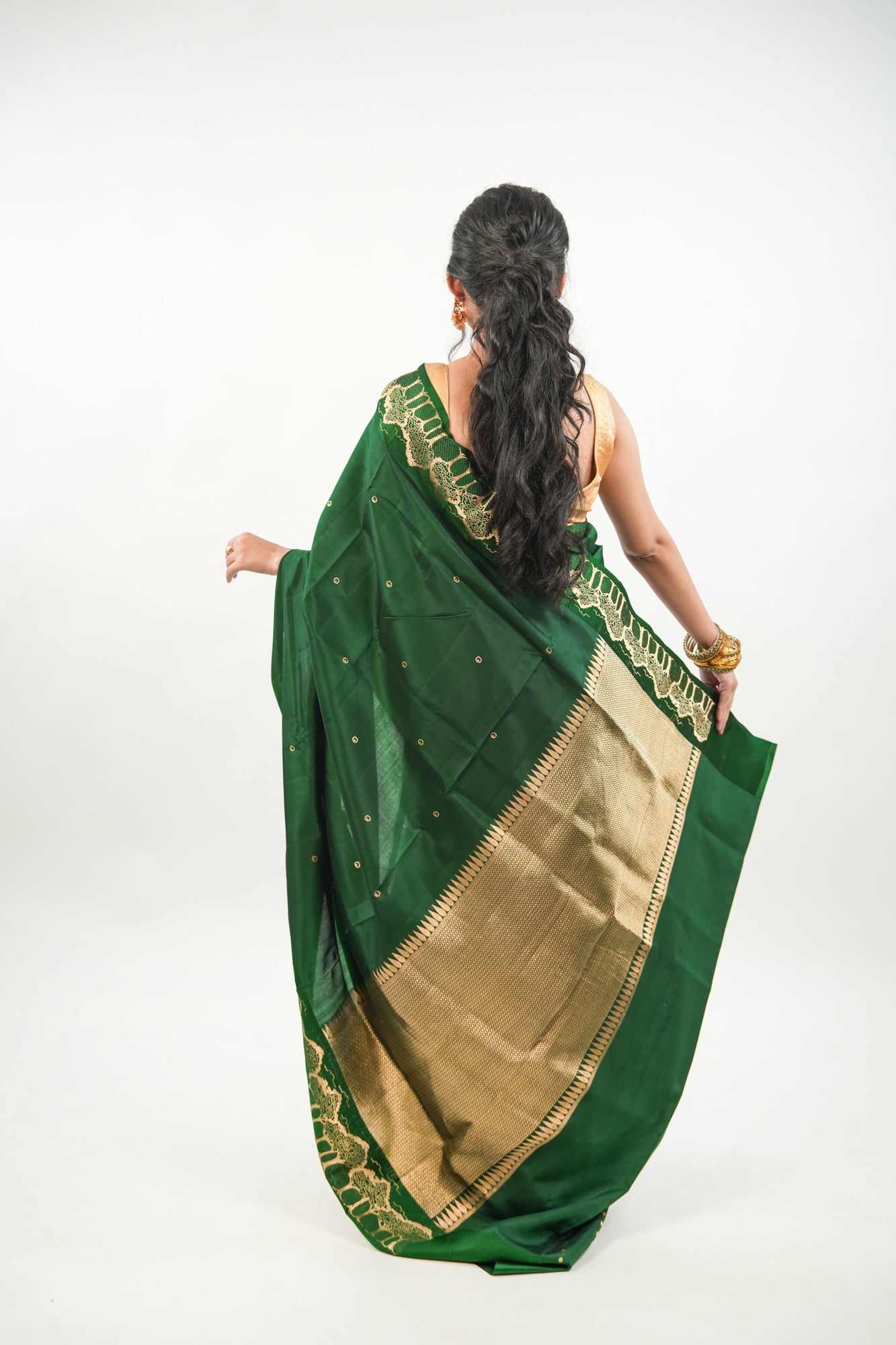 Bottle Green Banarasi Silk Saree with Gold Zari Forest Border