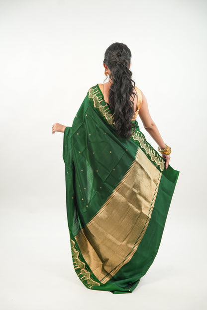Bottle Green Banarasi Silk Saree with Gold Zari Forest Border