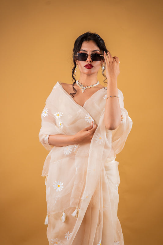 Pure Handpainted Organza Saree-Beige 